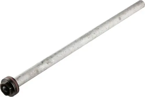 Metallic rohrförmiges Produkt mit einer abgedichteten Gewindeverbindung an einem Ende, wahrscheinlich eine Anode von Bosch. Der Körper wirkt verschmutzt und gebraucht.